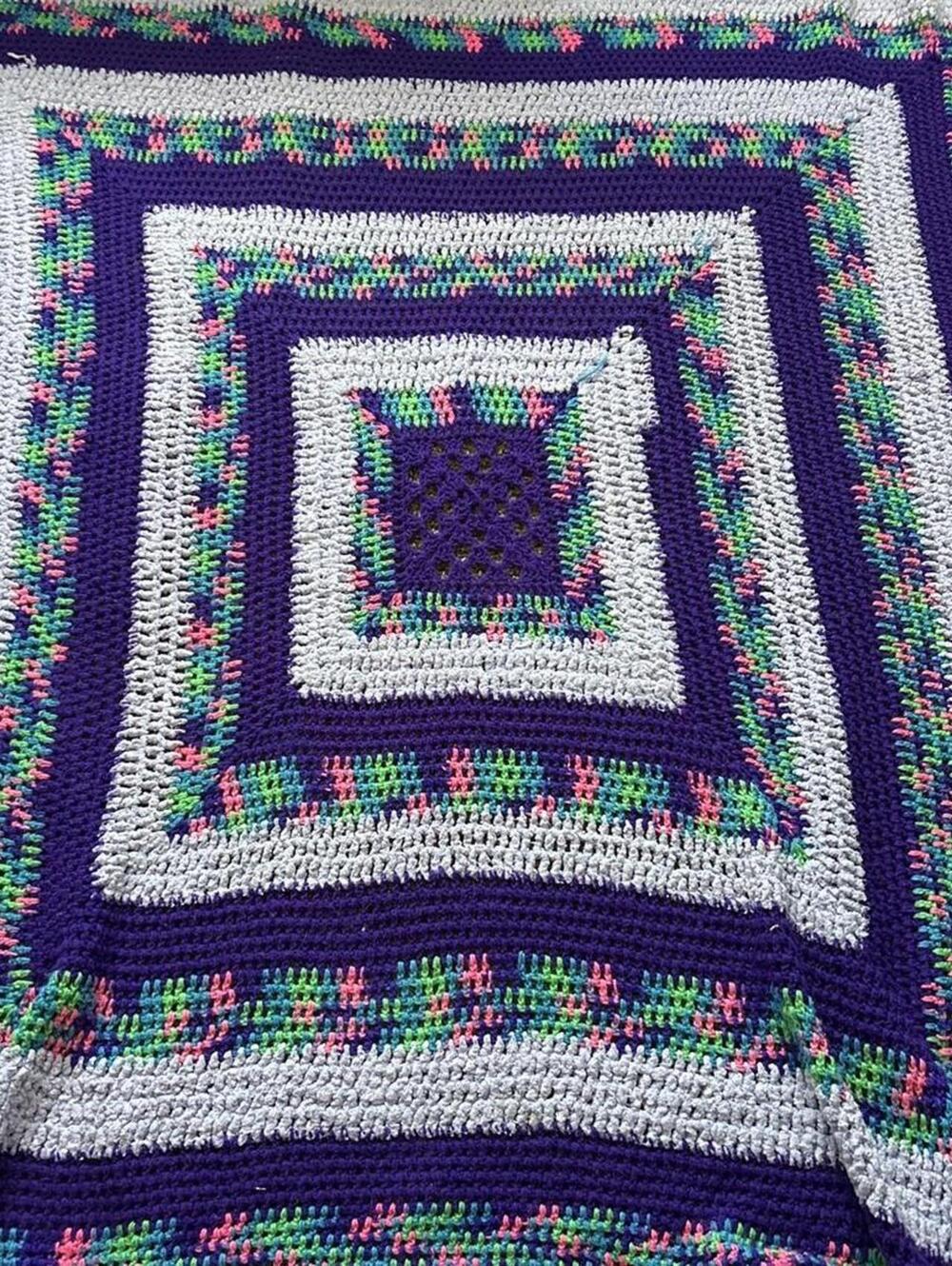 Vintage Handmade Concentric Square Crochet Blanket